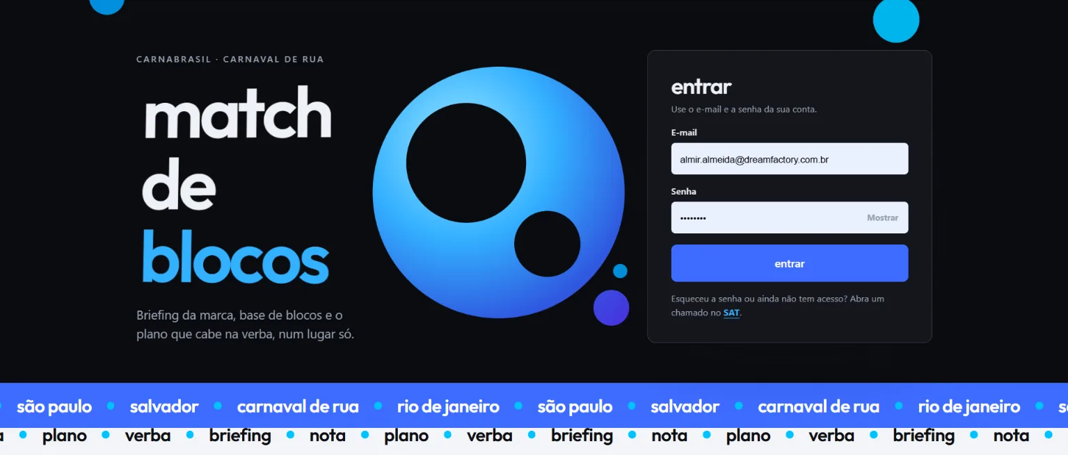 tela de login do match de blocos