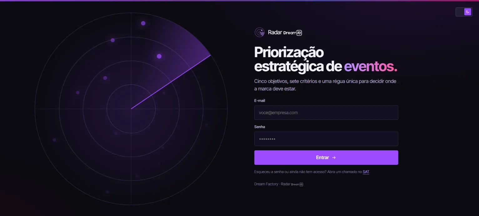 tela de login do radar dreamie